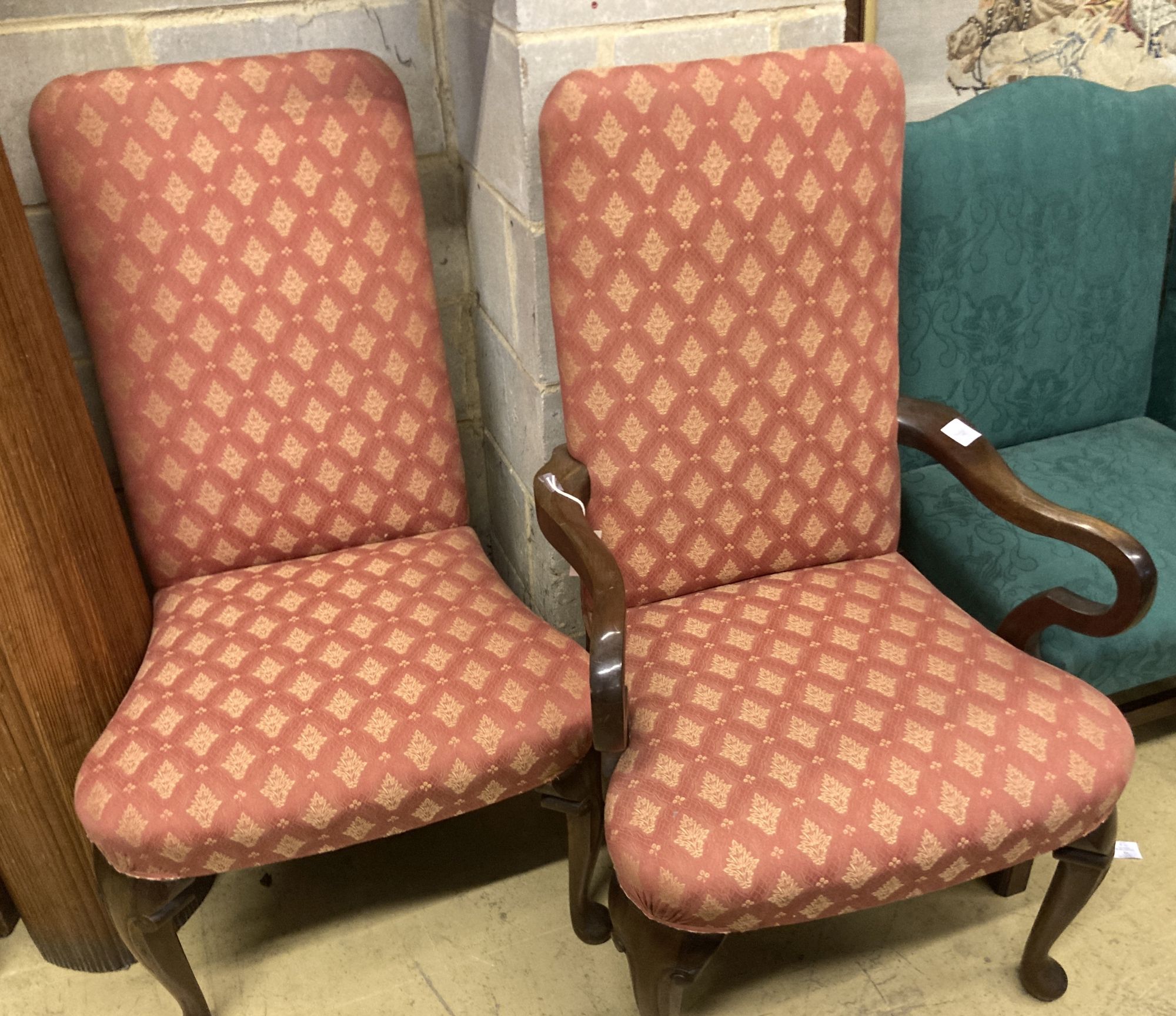 A pair of George I style upholstered mahogany dining chairs (one with arms), width 64cm depth 64cm height 110cm
